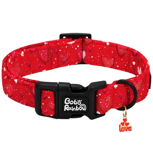 Image of Valentine's Lovely Red Heart Print Dog Collar for Medium Dogs | Valentine Pet Outfit,Wedding,Anniversary,Daily Walks,Adjustable,Cotton Fabric,Quick Release Plastic Buckle,Pendant,Female Dog