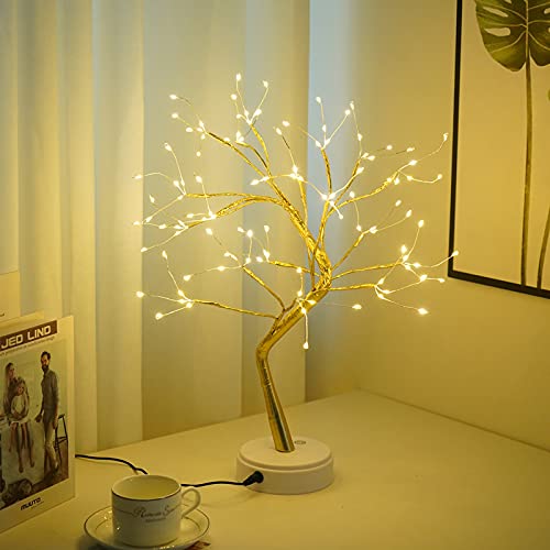 20" Desktop Bonsai Tree Light, 108 Led Shiny Tree Light Battery and Usb Powered Touch Switch, Home Decor Night Light (Golden,warm White)