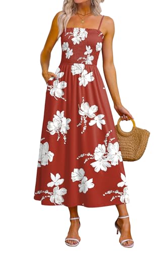 OFEEFAN Boho Maxi Dress Spaghetti Strap Spring Sundresses for Women Smocked Summer Beach Outfits Red Lily Floral S