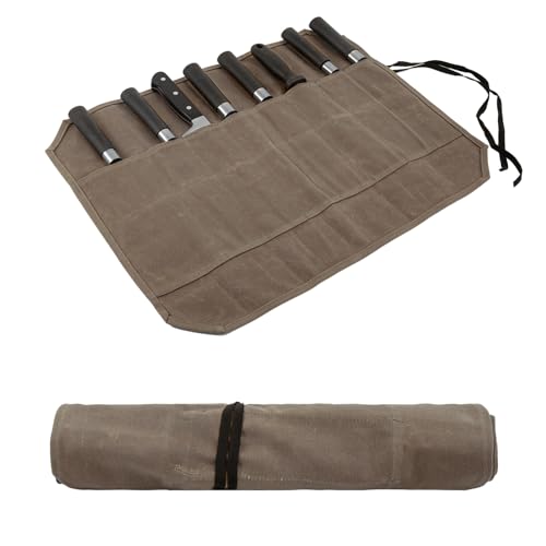 JDGFH Messertasche,Koch Messer Roll Bag,Messertasche Kochmesser mit 8 Fächern für Messer und Löffel,Wachs Leinwand Messer Case Lagerung,Geschenke...