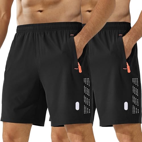 kuzwufs Short De Sport Homme Lot De 2 Séchage Rapide Course d'Entraînement Court Pantalon Fitness Gym Short avec Poches Zippées Noir/Noir-M