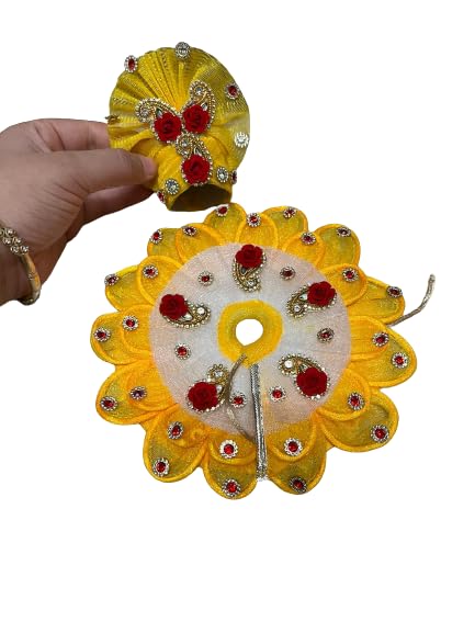 Crazybachat White & Yellow Color Designer Cloth with Mukut for Lord Krishna Laddu Gopal Kanaiya Bal Krishna Dress Poshak Vastra for Little Metal Idol