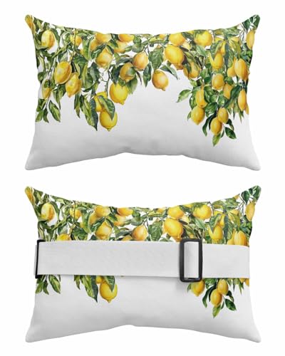 Anzona Pack of 4 Summer Lemon Lumbar Pillow Covers, Outdoor Waterproof Throw Pillow Covers Set, Green Botancial Summer Yellow Fruits Decorative Cushion Case for Patio Beach, 12x20 Inch