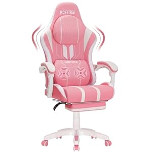 HOFFREE Gaming Chair with Massage Big and Tall Game Chairs with Footrest Computer Gaming Chair for Adults 400lb for Heavy People Pink and White