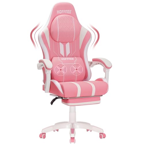 HOFFREE Gaming Chair with Massage Big and Tall Game Chairs with Footrest Computer Gaming Chair for Adults 400lb for Heavy People Pink and White