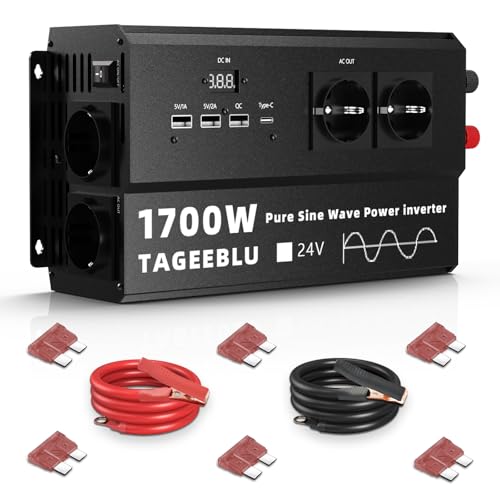 TAGEEBLU 1700W Inversor 24v 220v Onda Pura, Transformador 24v a 220v camion con Clip de cocodrilo, 4 Toma de Corriente UE, 3 interfaces USB-A, TypeC 30W y Pantalla LCD