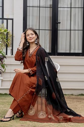 Image of MEERA FAB Women Floral Printed Pure Cotton Straight V-Neck Kurta with Palazzos & Dupatta