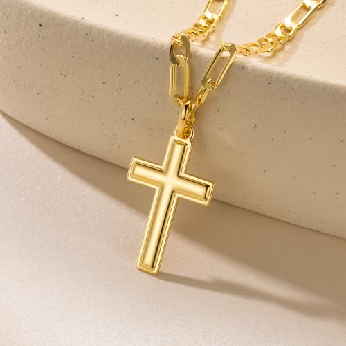 Gold Cross Necklace for Mens Cross Chain Faithful Gold Pendant for Men 3-in-1 Figaro Chain Mens Necklaces 20/22/24in3