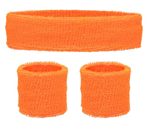 Set Cinta Pelo Deporte y Muñequeras Tenis - Divertidos Accesorios Fluorescentes de los Años 80 para Fiesta de Disfraces, Orgullo, Evento de Trabajo – Cinta Pelo Neón para Gimnasia, Deporte (Naranja)