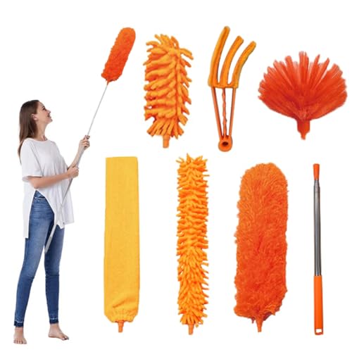 FumyFumy Staubwedel Teleskop Lang Ausziehbar, Staubwischer Waschbar Spinnwebenbesen mit Teleskopstiel, Spinnenwebenentferner Staubwedel mit Teleskopstange Ausziehbar auf 2.6m für Spinnenweben 7Pcs