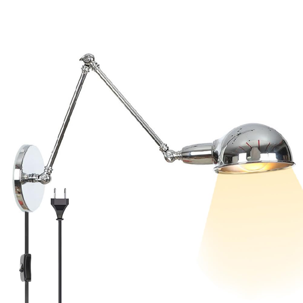 Retro Wandleuchte Verstellbare Schwenkarm Wandlampe mit Stecker Kabel Schalter Wandbeleuchtung Chrom Innen Nachttischlampe Ausziehbar Lange Arm Wand Leselampe Metall E27 Wohnzimmerleuchte