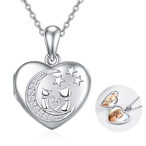 TANGPOET Mond Medaillon Halskette für Bilder Katze Personalisierter Herz Medaillon Anhänger Foto Andenken Schmuck für Frauen und Mädchen Cover