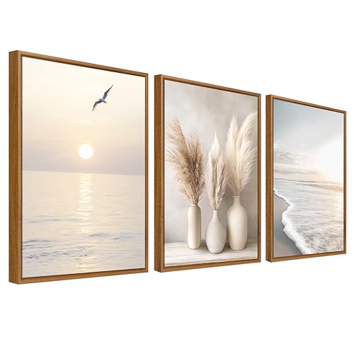 3Pcs Plage Côtière Vague de Mer Tableau Encadré Poster Mural Boho Herbe de la Pampa Océan Affiche Peinture Impression sur Toile Tableau Decoration Murale...