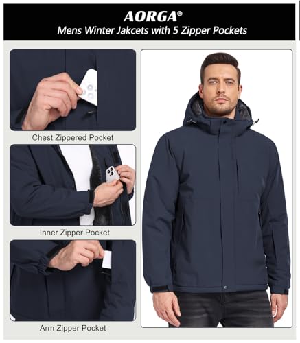 Image of Mens Skiing Jackets Winter Waterproof Snow Jackets Fleece Lined Insulated Heavy Parka Jackets Coats with Hoode
