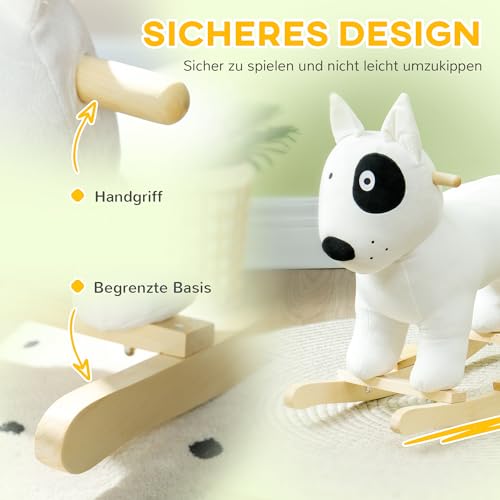 AIYAPLAY Schaukeltier Schaukelhunde mit Soundfunktion, Holzbeine und Griffen, Baby Schaukeltier mit Plüschoptik, für 2-4 Jahre Kinder, Weiß