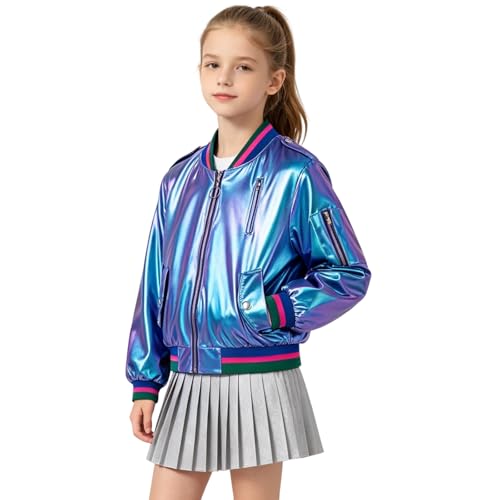 LOLANTA Blouson Bomber Fille Bleu Violet Métallique, Léger Brillant, Y2K Holographique Style...