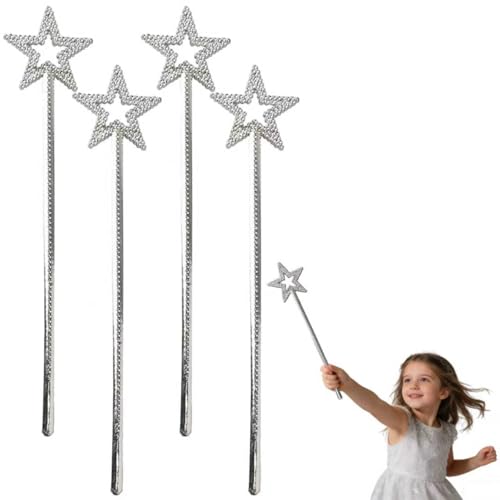 HUSHRICH 4Pcs Silver Fairy Star Wand 13.4Inch Angel Magic Wand for Kids Princess Wand Glitter Silver Fairys Sparkle Star Princess Accessories Fairy Kit Princesses Costume Role Play Props