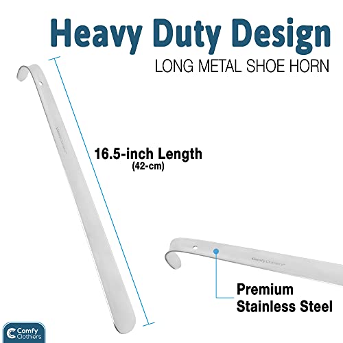 Comfy Clothiers - Perfect Metal Shoe Horn Long Handle (16.5-Inch - 42Cm) - Multifunctional Stainless Steel Stick For Seniors & Kids, Slip Shoe Helper For All Types Of Foot Wear, Easy To Use #TOP2