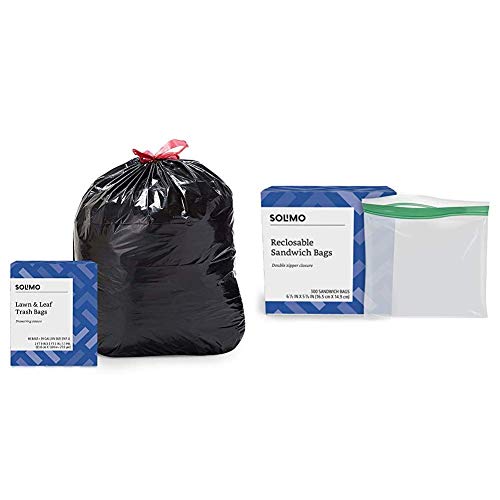 Amazon Brand - Solimo Lawn & Leaf Drawstring Trash Bags, 39 Gallon, 40 Count & Solimo Sandwich Storage Bags, 300 Count