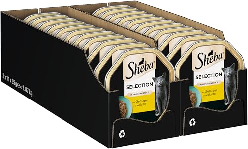 SHEBA Schale Nassfutter für Katzen Selection in Sauce mit Geflügelhäppchen 2 x 11 x 85g