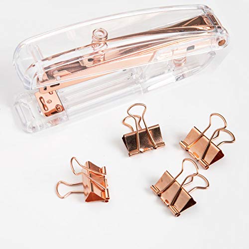 Rose Gold Stapler And Staple Remover Set - Rose Gold Office Supplies With 1000 Staples And 12 Binder Clips, Luxury Acrylic Rose Gold Desk Accessories & Decorations #TOP5