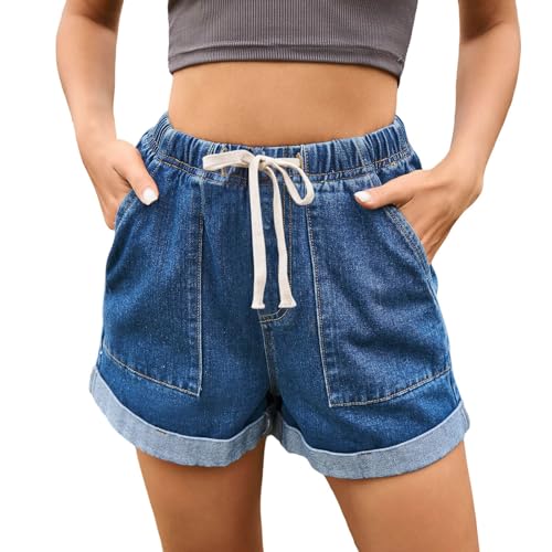 Generisch Kurze Hose Damen Shorts Sommer Hosen Jeans Lässige Jeansshorts zum Schnüren Hochkrempeln für Damen mit elastischer Taille Laufhose Sommerhose Kurz Leicht Outfit Sport Gym (Dark Blue S) Generisch Kurze Hose Damen Shorts Sommer Hosen Jeans Lässige Jeansshorts zum Schnüren Hochkrempeln für Damen mit elastischer Taille Laufhose Sommerhose Kurz Leicht Outfit Sport Gym (Dark Blue S)