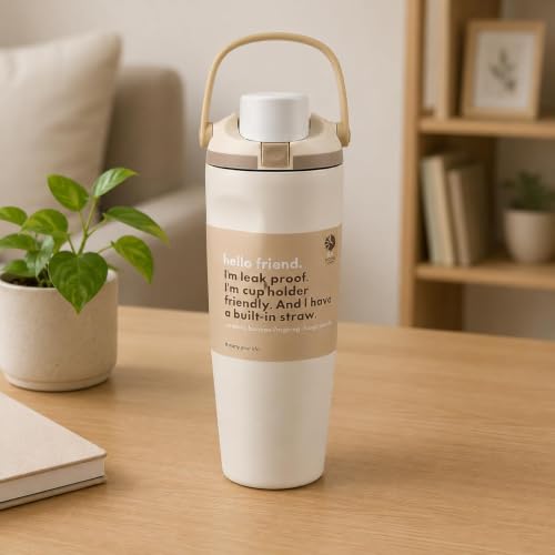 Image of HomeCloud 900ML Stainless Steel Water Bottle - Double-Wall Vacuum Insulated, Leakproof Straw Lid, BPA-Free Reusable Travel Flask with Two-Way Spout for Gym, Office & Outdoor Use (Cream Beige)