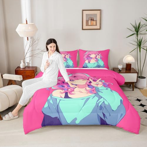Image of Erosebridal Japanese Anime Bedding 3D Anime Girl Comforter Set, Kawaii Japanese Style Bedding Comforter Sets Cartoon Uniform Girl Duvet Insert for Girls Hot Pink Room Decor, King