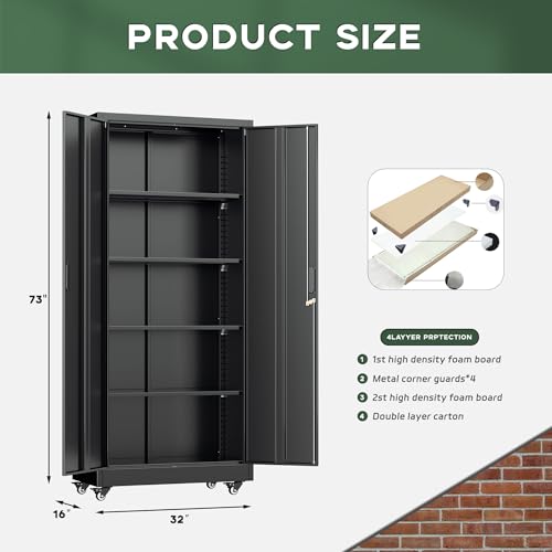 Image of Greenvelly Metal Storage Cabinet with Wheels, 73 inch Black Lockable Rolling Storage Cabinets with Doors and 4 Adjustable Shelves, Large Steel Cabinet for Garage, Office, Home, School