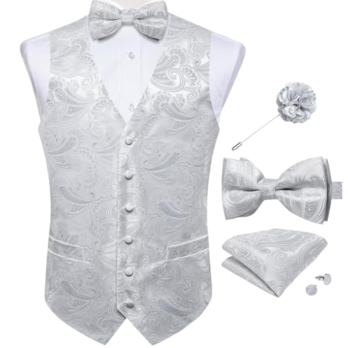Image of DiBanGu Mens Paisley Suit Waistcoat,Silk Dress Vest and Bowtie Pocket Square Cufflinks with Lapel Pin Set for Wedding Tuxedo