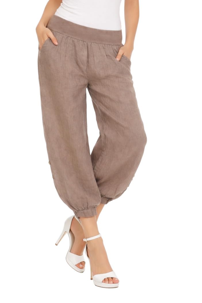 Mississhop Pantalon de loisirs décontracté pour femme en toile 100 % lin avec boutons uni - Marron - W40