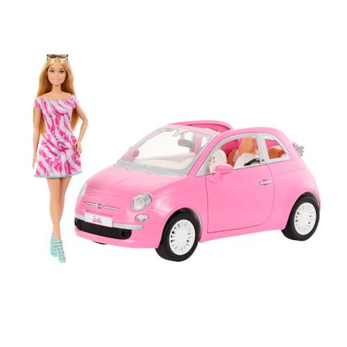 Barbie Fiat 500 Rose Cabrio avec Poupée et Stylo Power Flexy Jouet pour Enfants 3+ Ans
