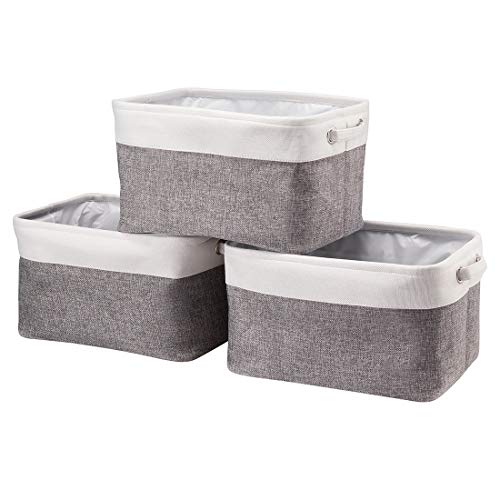 i BKGOO 収納バスケット 収納かご 3 個セット 衣類収納 小物入れかご 整理用バスケット おしゃれなインテリア雑貨 可愛い収納かご ファブリック綿麻製 車用収納 おもちゃ収納 高耐久性 引き出し おもちゃ収納 取っ手付き 折り畳み式 長方形白い-グ