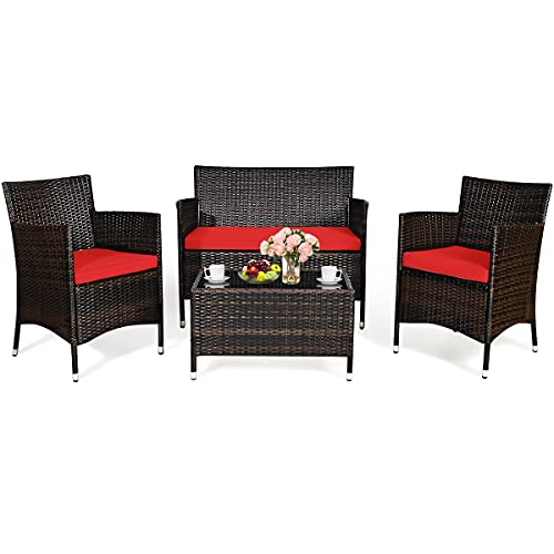 DORTALA 4-Piece Rattan Patio Furniture Set, Outdoor Sofa Table Set with Tempered Glass Coffee Table, Thick Cushion, Wicker Conversation Set for Garden, Lawn, Poolside and Backyard, Red