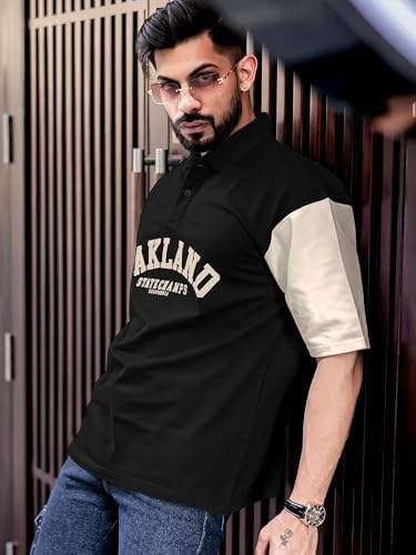 Image of Maniac Mens Printed Polo Neck Half Sleeve Cotton Oversized T-Shirt for Men - Casual Cotton Tee