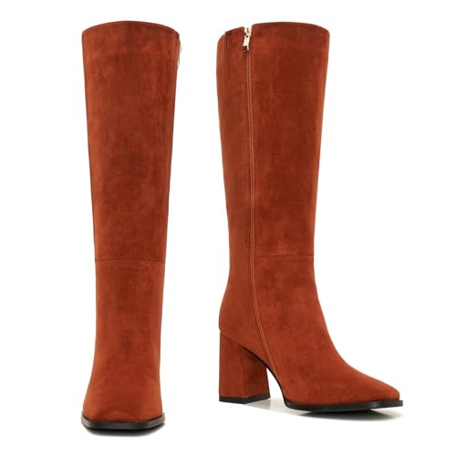 Image of Knee High Boots for Women - Wide Calf Boots with Zipper, Square Toe Tall Leather Boots, Chunky Heel Fashion Long Boots