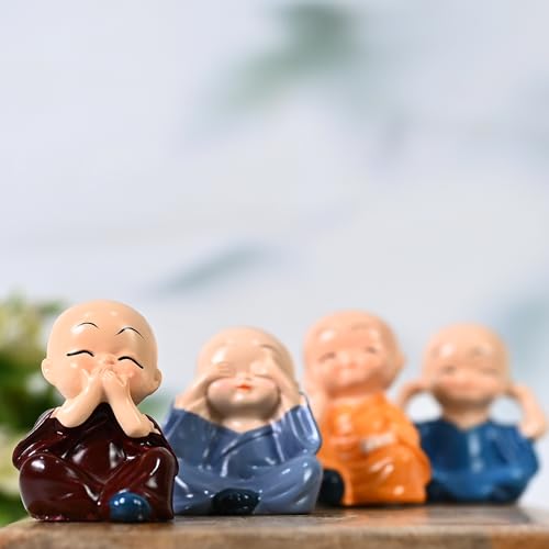 Image of HindCraft Mini Monk Figurines Set of 4 - See No Evil, Hear No Evil, Speak No Evil, Think No Evil Statues - Cute Ceramic Monk Ornaments for Home, Office, Meditation Festive Decor