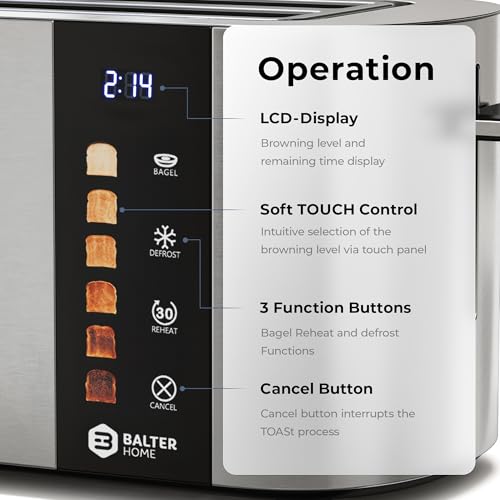 Image of Balter Toaster 4 Slice Wide Slot, Bagel Function, Long Slot, Stainless Steel, Touch Screen, Built-in Rack, Extra-Wide 1.5 inch Slots for Thick Breads & Bagel, Timer, BPA-Free, 6 Levels, Removable Tray