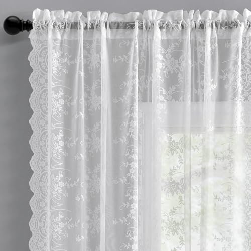 Kotile White Lace Curtains for Bedroom Vine Floral 52x80 Inch, 2 Panels