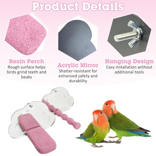 Image of PINVNBY 2 PCS Bird Perch with Mirror Resin Parakeet Perches Hanging Parrot Toys Interactive Bird Cage Accessories for Cockatiel Conure Lovebird Finch (Pink)
