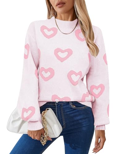 Image of Women's Long Sleeve Mock Neck Sweaters Loose Cute Heart Pullover Sweater