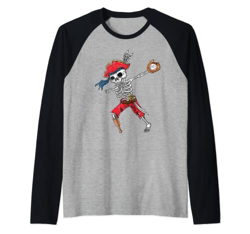 Dabbing Esqueleto Béisbol Pirata Vintage Camiseta Manga Raglan