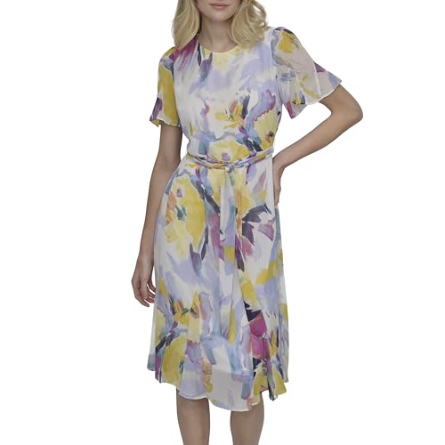 Image of DKNY Women's Flutter Sleeve Round Neck Waist Tie Midi Dress