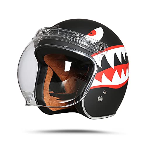 LIONCIANO Casco Moto Demi-Jet Moto Cross Casco Scooter Caschi Motorino Vintage DOT/ECE Omologato Donna Uomo, Casco Semiaperto Con Visiera Antigraffio(Grande Squalo Nero Opaco, XL58-59cm)