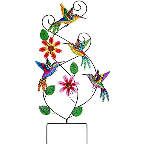 28 Inch Hummingbirds Garden Stake, Flowers Metal Wall Art Spring Decoration, Flower Hummingbird Sculpture for Yard Outdoor Lawn Pathway Patio Cover