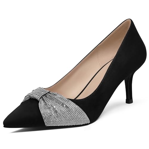 MUCCCUTE Women's Pumps Kitten Heels Closed Toe Heels for Women Pointed Toe Rhinestones Bow Office Dress Shoes