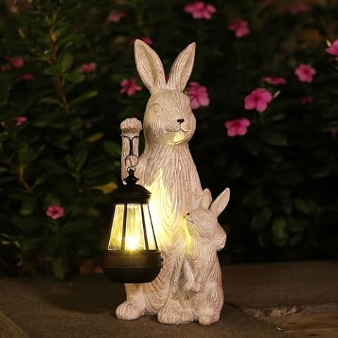 REYISO Solar Garden Bunny Statue with LED Lights Cover