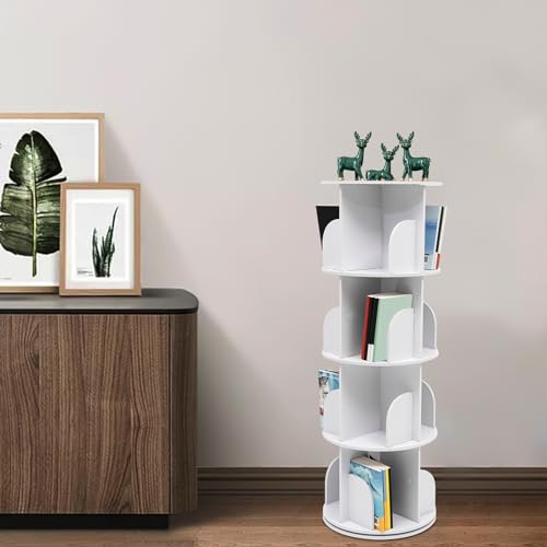 HOLMZCED 360 Display Floor Standing Bookcase, 4 Tiers Rotating Bookshelf Free Standing Book Storage Rack Multi Functional Bookshelf Organizer White for Home Living Room Study Bedroom