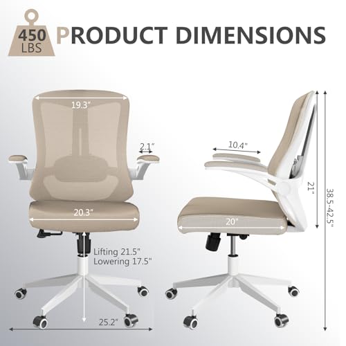 Image of Ergonomic Office Chair with Lumbar Support, High Back Mesh Desk Chair with Flip-Up Arms, Adjustable Computer Task Chair, Khaki