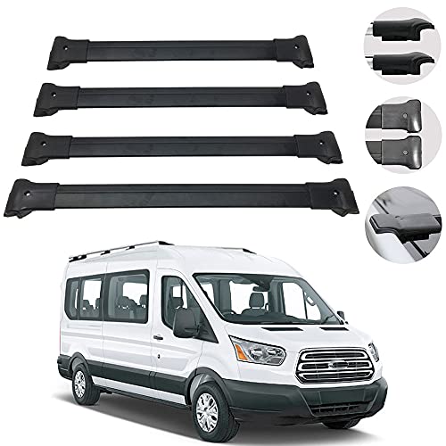 Roof Rack Cross Bars Lockable Luggage Carrier Fits Ford Transit 2014-2022 | Black Aluminum Cargo Carrier Rooftop Kayak Storage Bars 4 Pcs. | Automotive Exterior Accessories